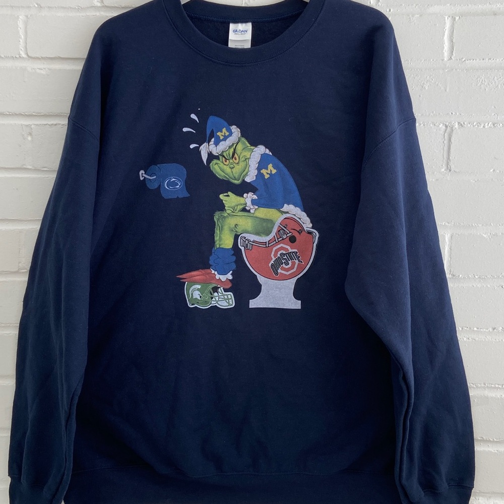 Mens Gildan Size XL Navy Blue Grinch UofM Ohio State Pullover Sweatshirt